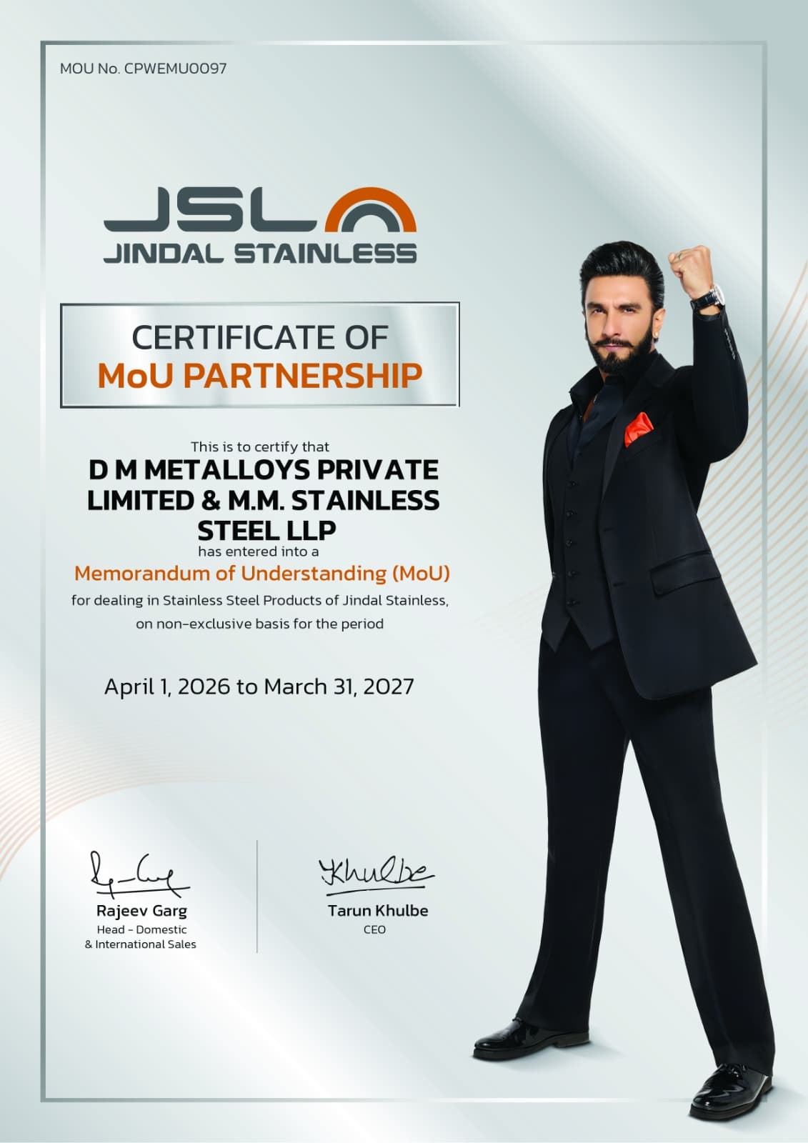 Jindal Stainless certificate of MoU partnership issued to D M Metalloys Private Limited and M.M. Stainless Steel LLP, valid April 2026 to March 2027